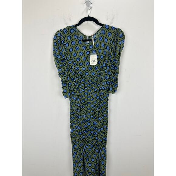 Free People Brielle Midi Dress Mesh Ruched Side Slit Blue Green Printed M NWT - Picture 4 of 10